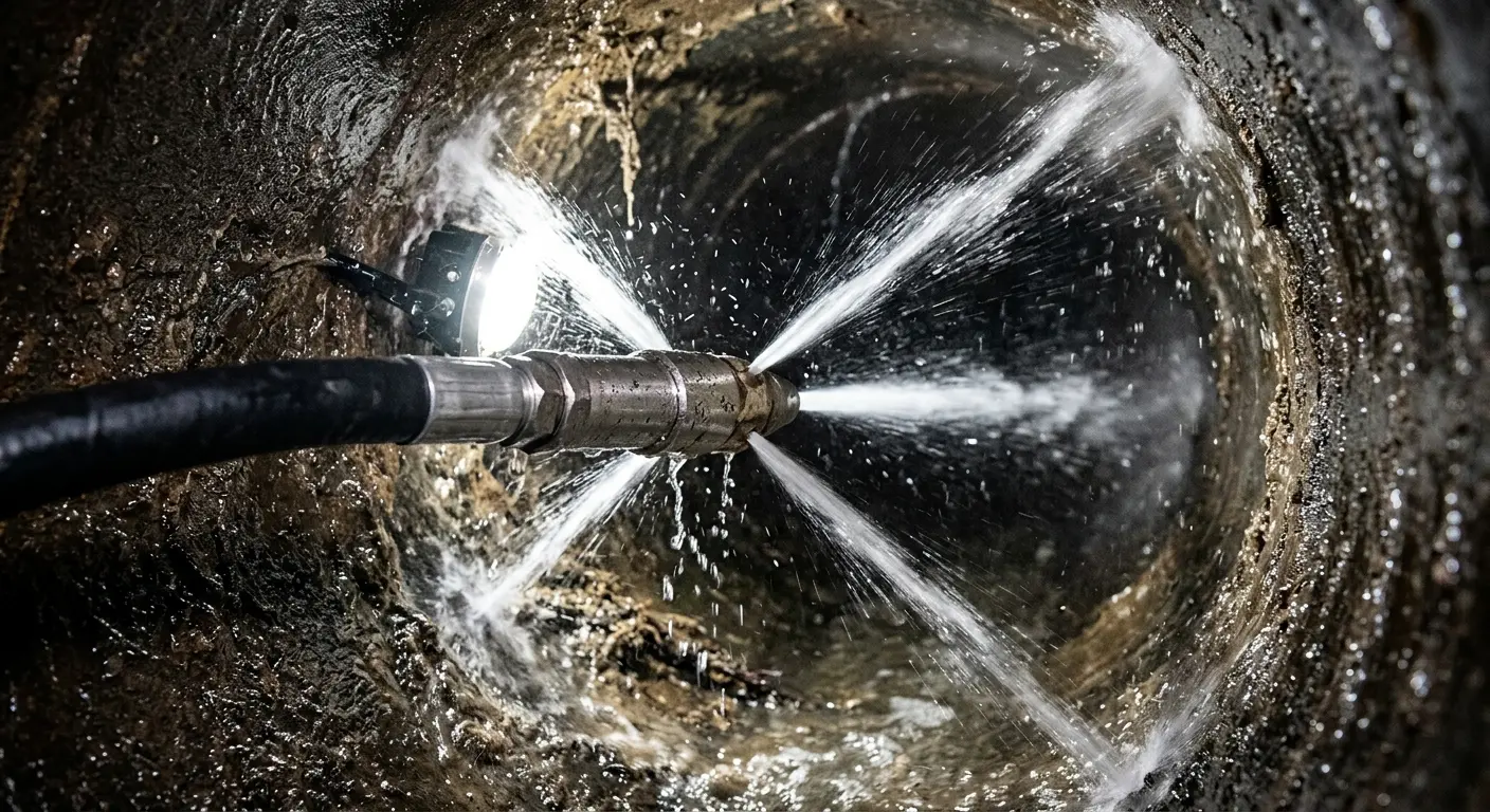 High-pressure hydro jetting nozzle cleaning sewer pipe for Trenchless Sewer Repair in Ross