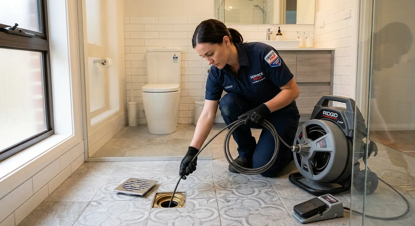 Technician clearing a bathroom floor drain for Drain Cleaning in Ross